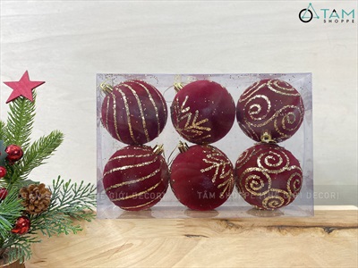 Hộp 06 Trái châu Noel phun nhung Đỏ kim tuyến Vàng ĐK 8cm [Nhiều kiểu - Sang Xịn] TRAICHAU-43